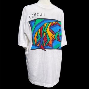 Rare Cancun Mexico T-shirt Mussfeldt Design Large Colorful Geometric Fish Design